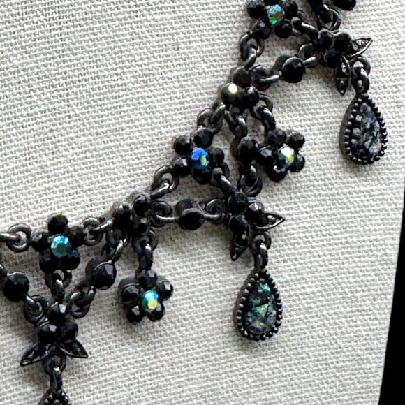 Statement Necklace Faceted Black Stones, Charcoal Metal Chain, Floral Design - Picture 3 of 6